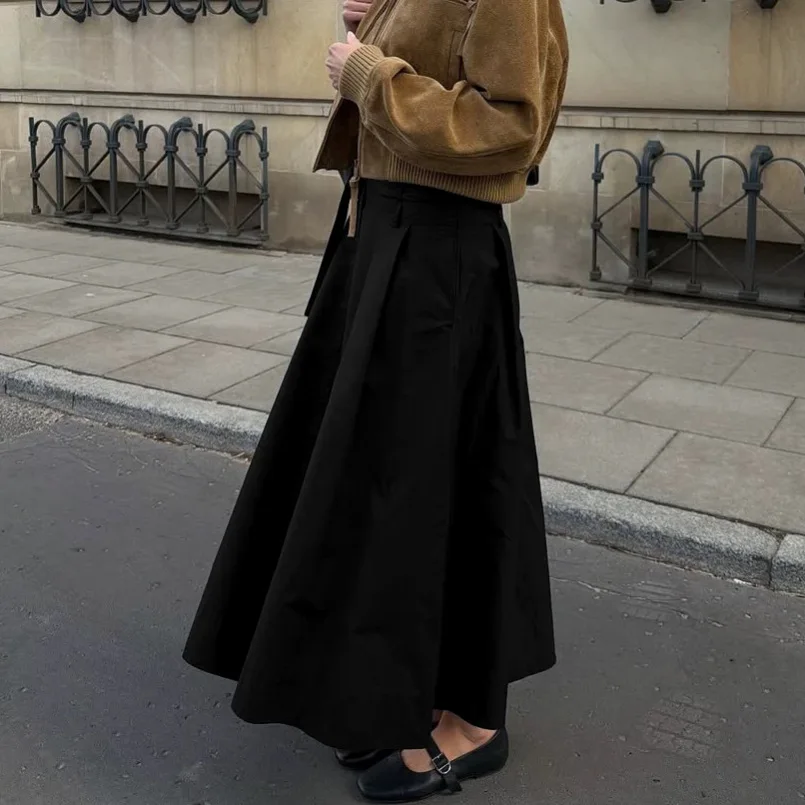 Chic Pleated Pockets Suits Skirts Office Ladies 2026 Spring Autumn Korean A-Line Loose Casual Women High Waist Midi Skirt