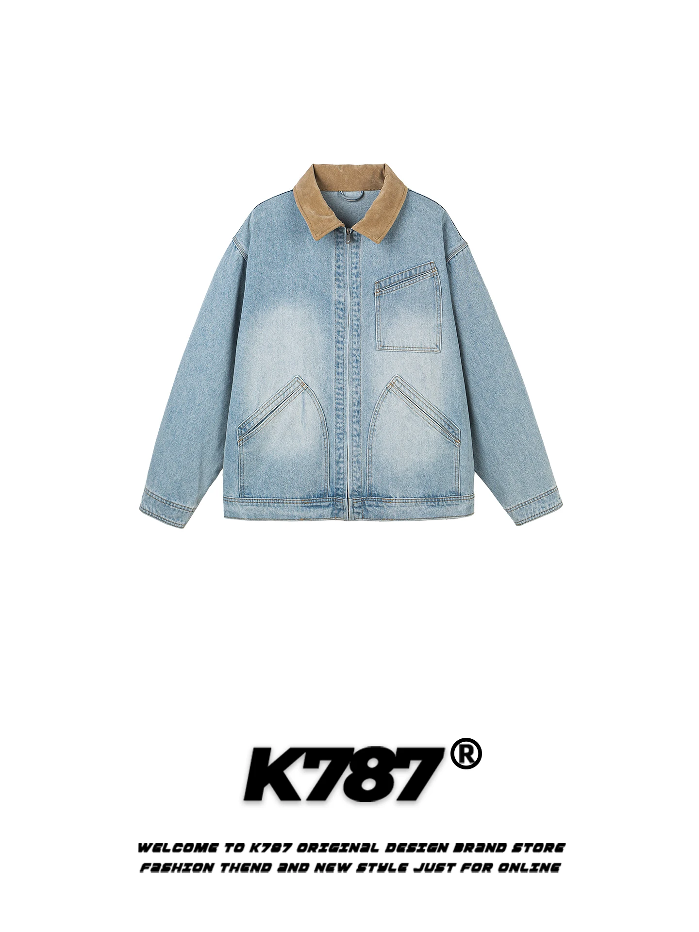 

K787 American Retro Color Blo Denim Jaet Loose Casual ex Spring Zipper Coat Youth ular Cotton Recycled Fiber