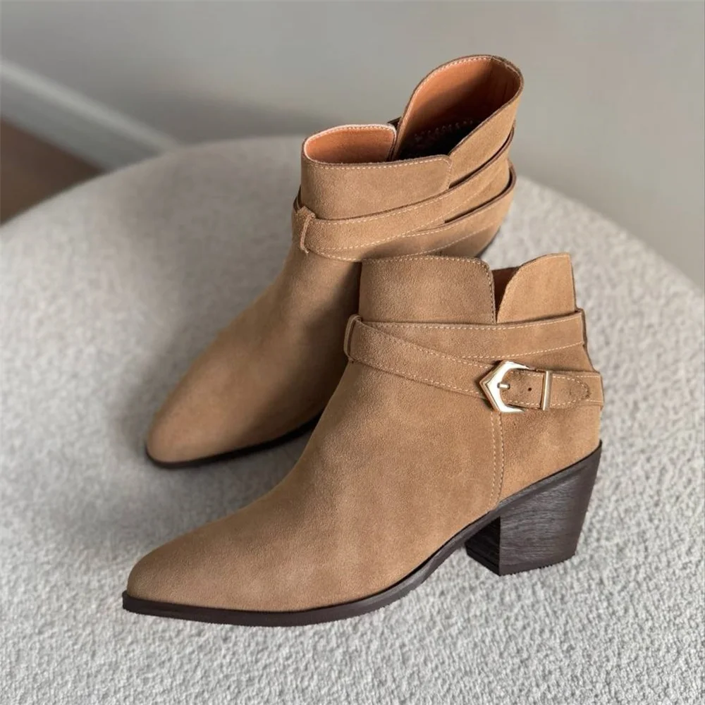 FEDONAS Women's Suede Western Ankle Boots with High Heels
