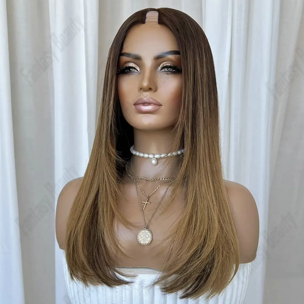 

1x4 Размер V-образный парик из человеческих волос для женщин Медово-коричневый Highlight Шелковый прямой бесклеевой парик U-образной части с зажимами Remy European Hair