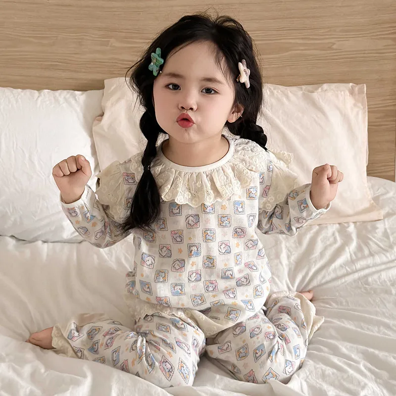Girls Set Clothes Baby Homewear Muslin Cotton Floral Pajama Outfit Kids Princess Doll Collar Suit Shirt Tops+Pants 2PC 0-7 Years