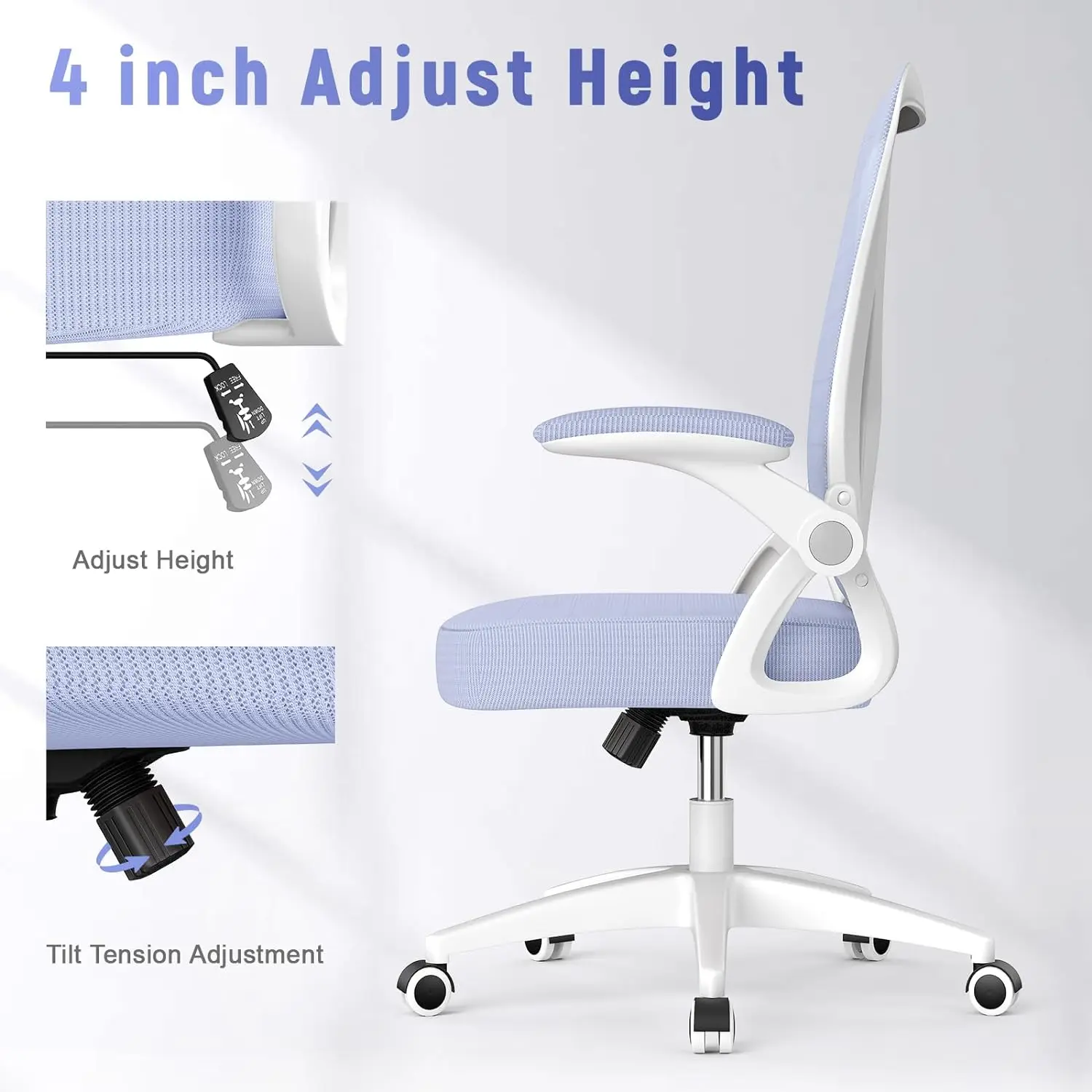 Office chair, adjustable height flip arm and lumbar support, breathable mesh rotating computer chair for home learning and work