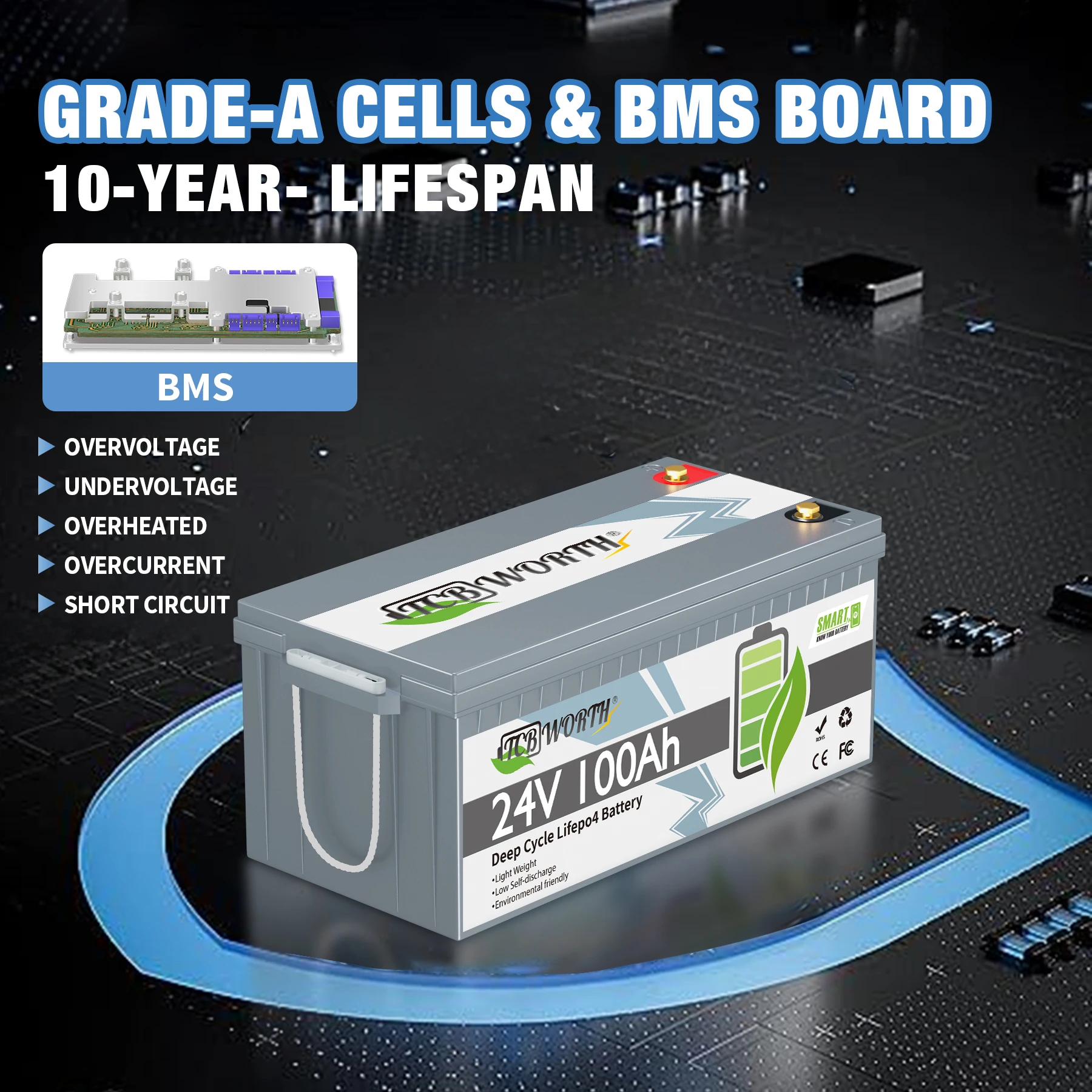 12 V 100 Ah 24 V 100 Ah Lithium-Ionen-Akku 2,56 kW Lifepo4-Akku mit Bluetooth BMS für Solar-Rasenmäher, Wohnmobil