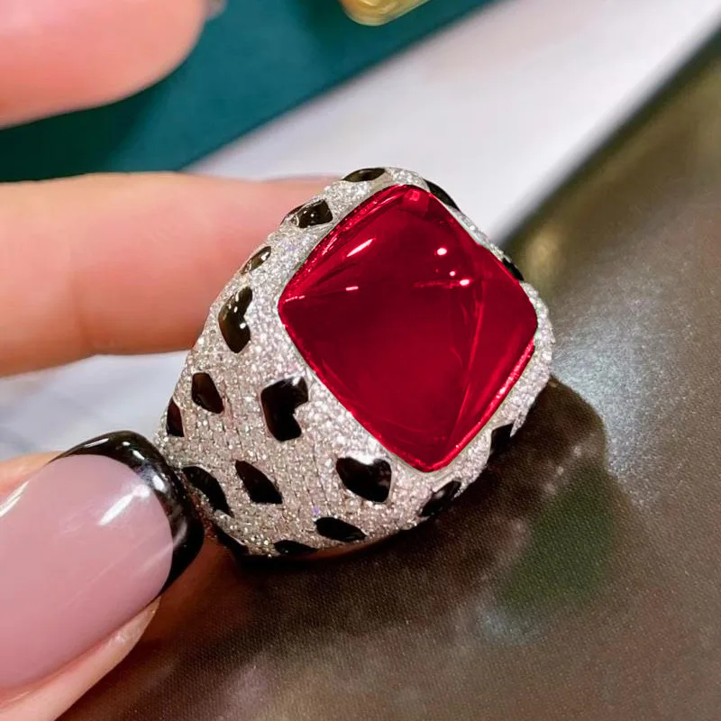 Huge 12 Carat Dapphire Ruby Emerald Gemstone Rings 925 Silver Leopard Print Resizable Rings Wedding Party Fine Jewelry
