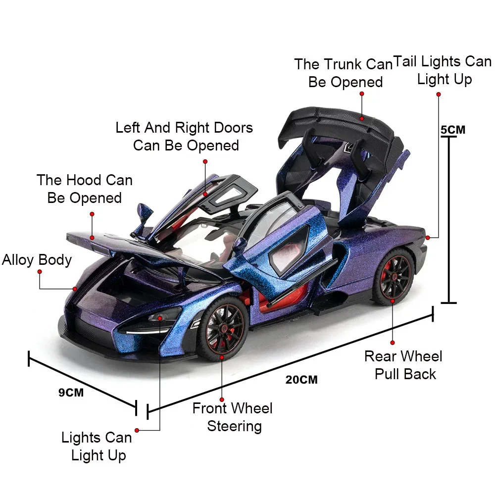 1:24 Senna 720s Miniature in lega Supercar Modello Giocattoli Diecast Vehice Suono Luce 4 porte aperte Tirare indietro Giocattolo per il regalo dei bambini
