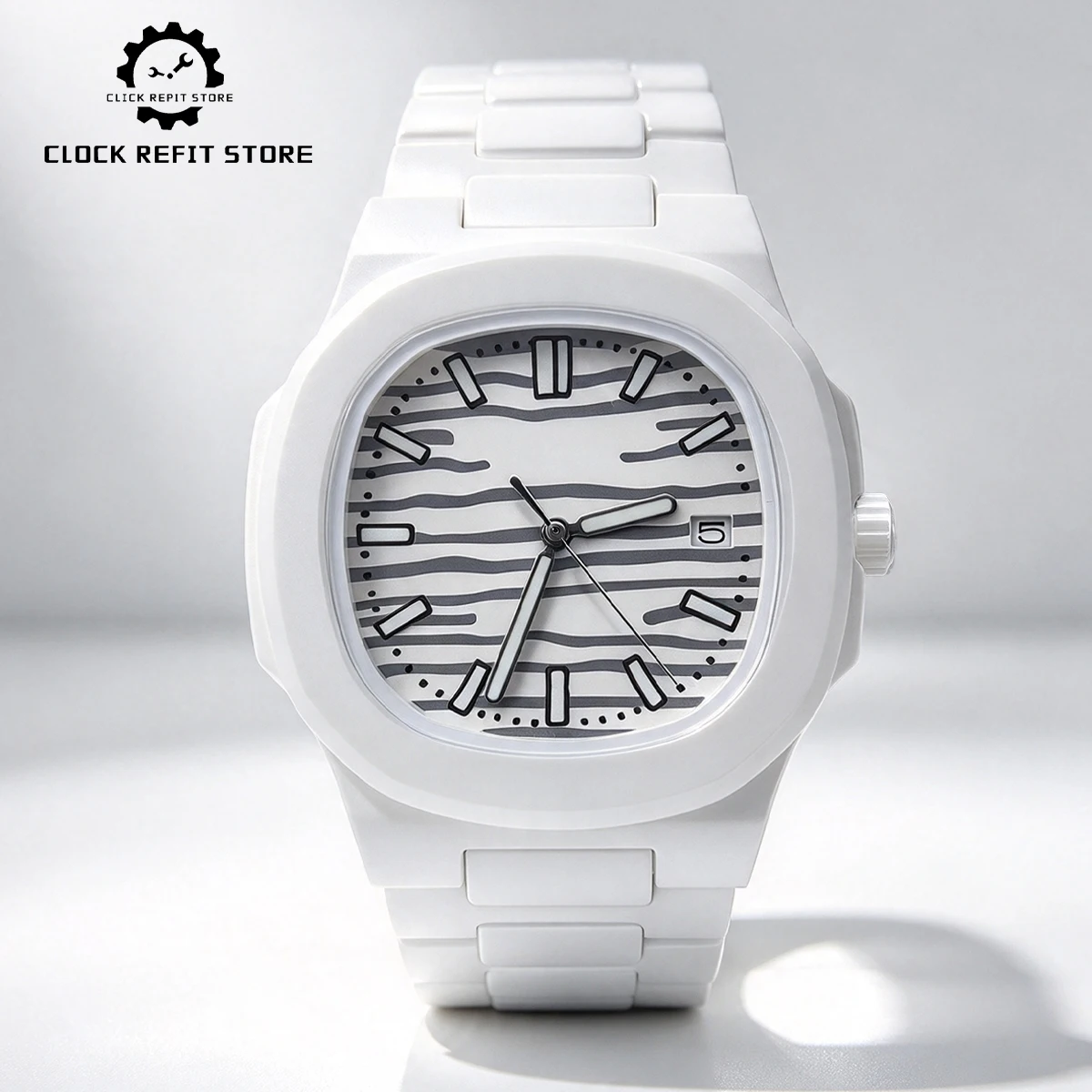 42mm white ceramic classic men's quartz watch, with sapphire crystal cover, blue luminous display, fashionable, gift watch