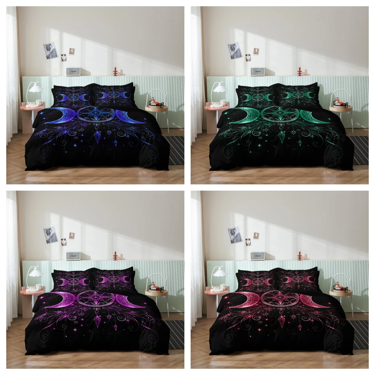 Juego de 3 Fundas de Edredón con Diseño Moderno de Luna, Motivos de Estrellas Azules y Púrpuras Brillantes con Ramas en Espiral, para Dormitorio, Resort, Hotel, Uso Diario en el Hogar