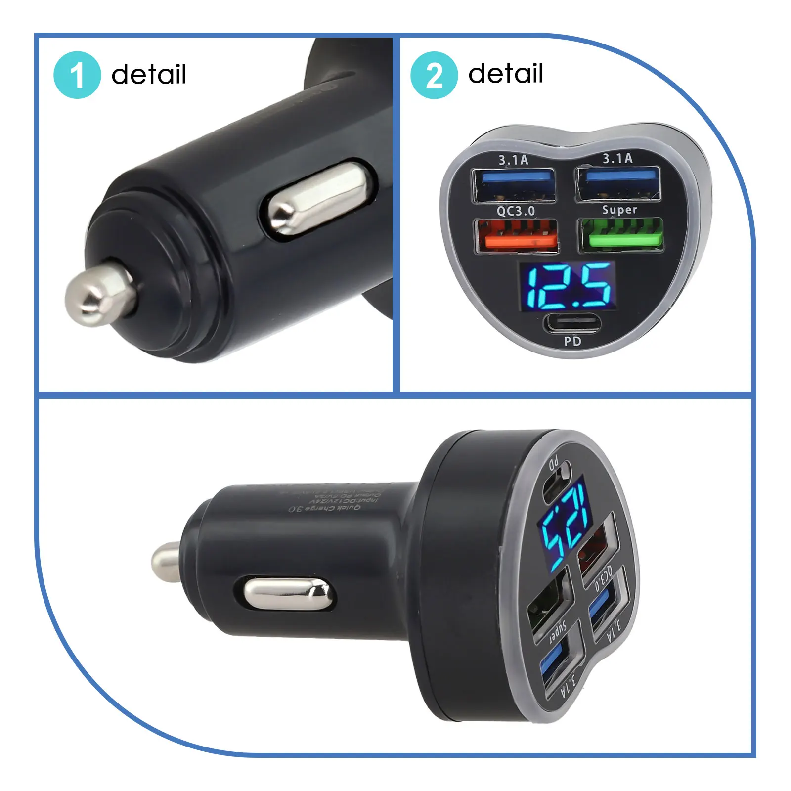 Car Charger with 5 USB Ports for 12V 24V Vehicles Featuring For QC3 0 Fast Charging and LED Battery Voltage Display