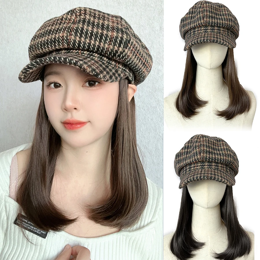 Synthetic chemical fibre hair cap wig all-in-one tweed kilim navy cap snapback Korean version of the tide locks hair