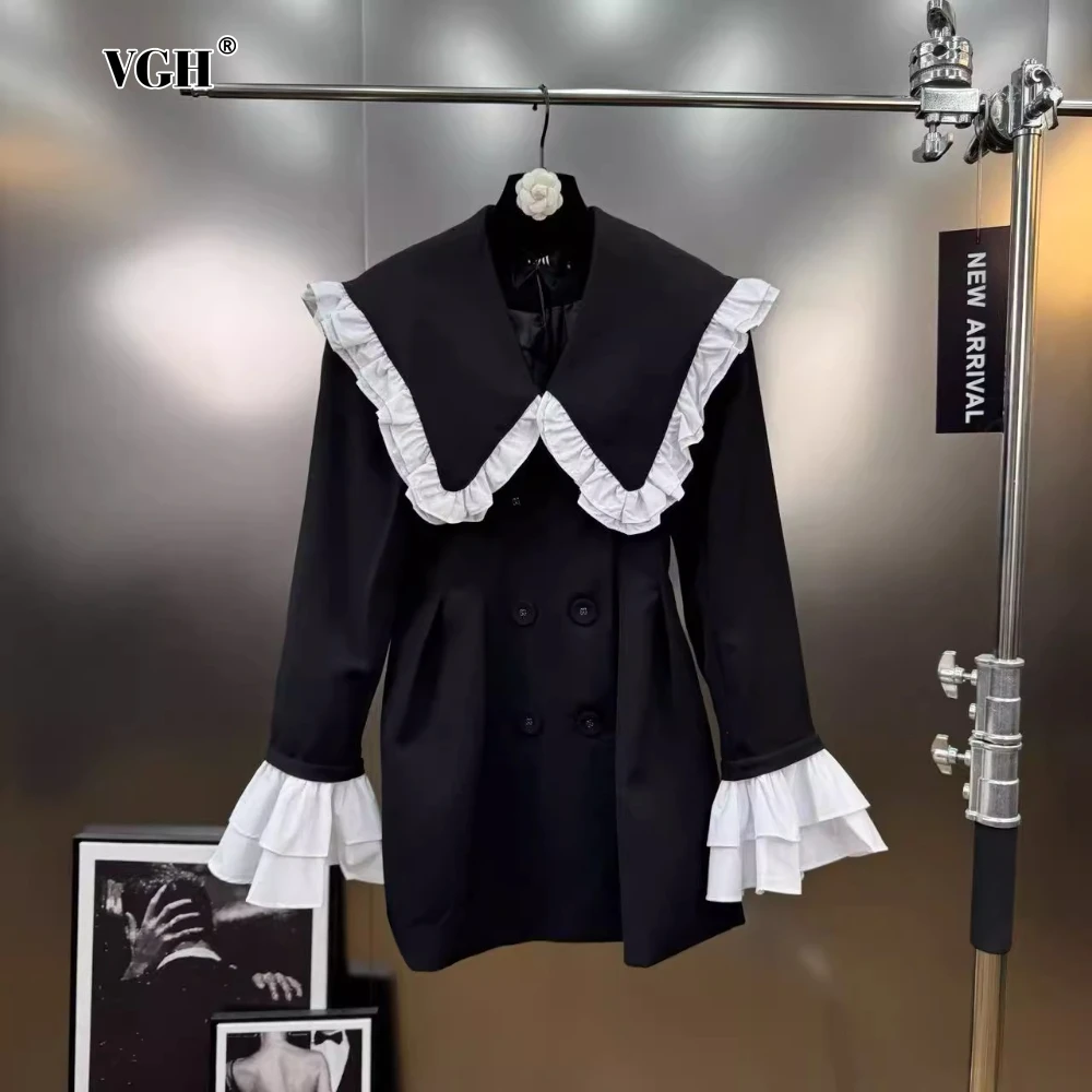 

VGH Colorblock Spliced Double Breasted Coats for Women Lapel Long Sleeve Ruffle Design Fashionable Blazer Female Autumn Clothing