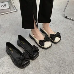 Autumn Women's Retro French Mary Jane Shoes Spring Cute Bow-knot Square Toe Shallow Mouth Loafers Slip-on Ladies Leather Shoes