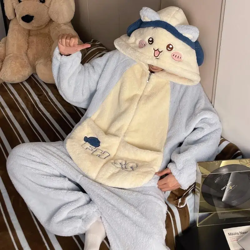 Chiikawa Onesie Pajamas Coral Fleece Added Fleece Thickened Flannel Boys Winter Autumn Pajamas Cozy Warm Comfortable Homewear