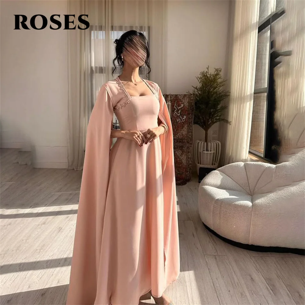 

ROSES Blush Pink Full Sleeve Long Stain Party Dress A Line Saudi Arabia Night Dress Evening Prom Dresses for Woman Customized