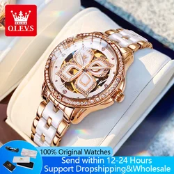 OLEVS 6612 Woman Automatic Watches Fashion Hollow Mechanical Watch For Women Ceramic Steel Strap Waterproof Ladies Wristwatch