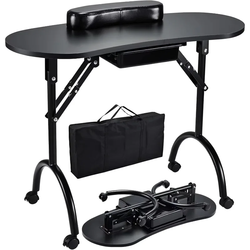 Foldable manicure table, manicurist workbench, portable workstation with rollers, large drawers, customer wrist pads