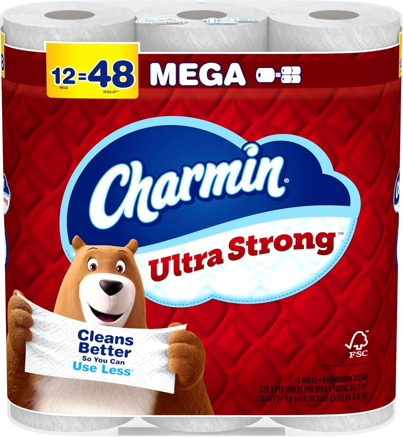

Ultra Strong Toilet Paper, 12 Mega Rolls = 48 Regular Rolls, 2-Ply Bath Tissue, 220 Sheets Each