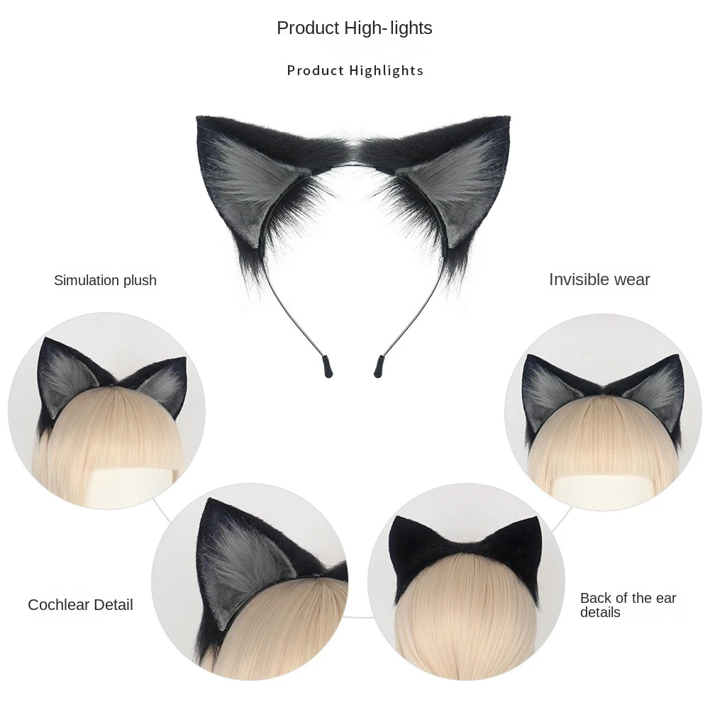 Tocado con orejas de gato negro, aro de pelo con orejas peludas de imitación para mascotas, accesorios de Cosplay de sirvienta Lolita, accesorios para disfraz de Carnaval y Halloween