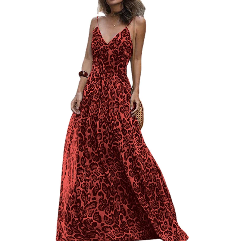 Sexy Fashion V-neck Leopard Big Hem Tank Slip Dress Summer Women's Boho Beach Holiday Casual Spaghetti Strap Maxi Robe Dresses