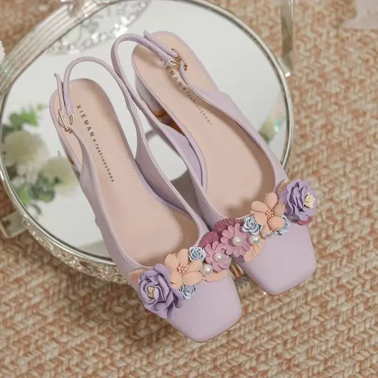 Mary Jane-zapatos de tacón cuadrado para mujer, sandalias gruesas con flores, estilo Retro, 2024