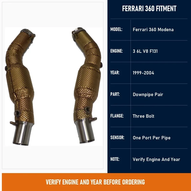 Exhaust Downpipe Pair for Ferrari 360 Modena F131 3 6L V8 1999 to 2004 Heat Wrapped Polished Outlet Left and Right Hand