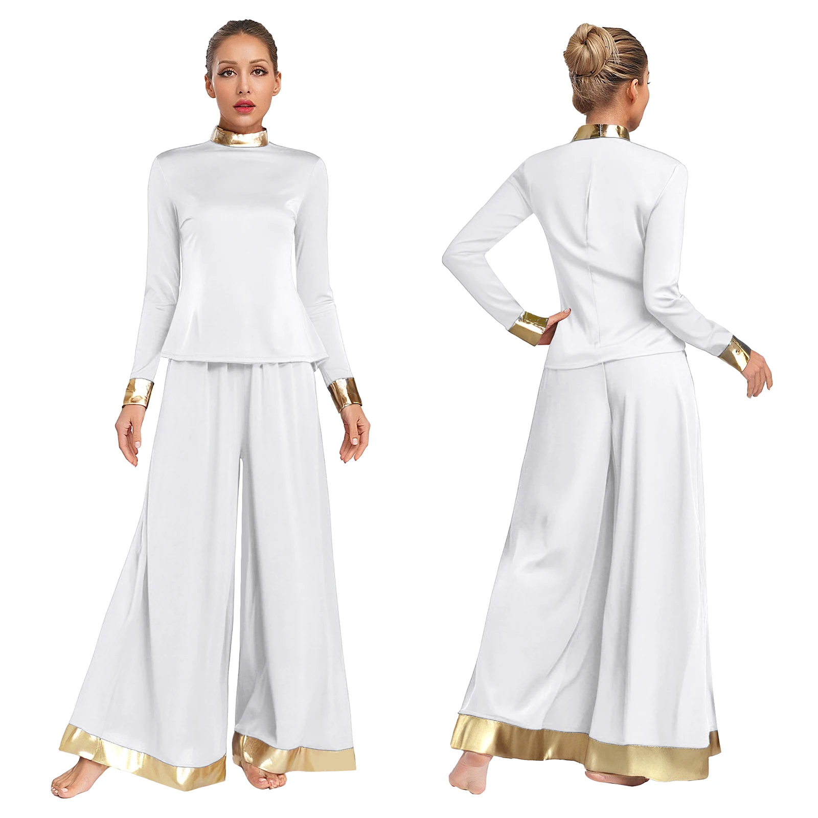 

Women Worship Praise Lyrical Dance Costume Outfits 2pcs Modern Ballroom Dance Dresses Long Sleeve Shirts and Wide Leg Pants Sets