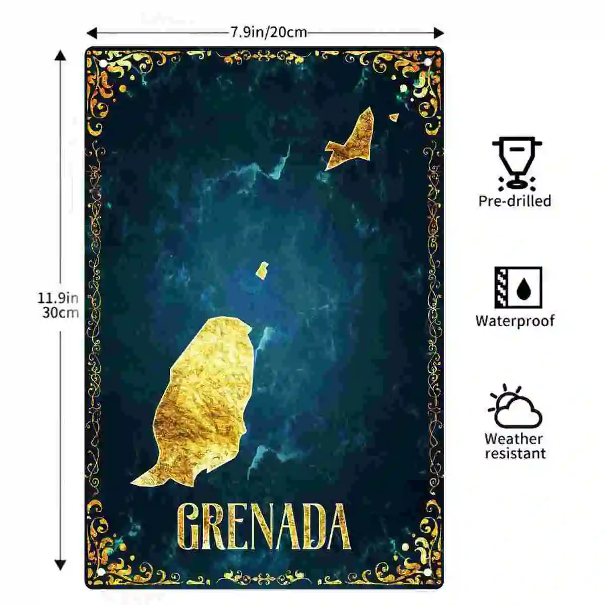 2D FLAT 1pc Grenada Vintage Gold Map Art Metal Wall Sign Decoration for Home Cafe Garage Bedroom Porch And Garden