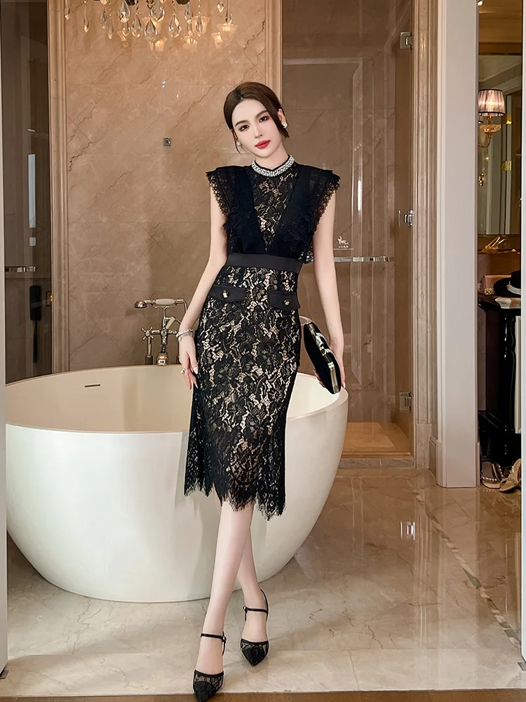 

Coigarsam Long Dress Women Summer New Office Lady French Style Solid Lace Diamonds O-Neck Black Dresses