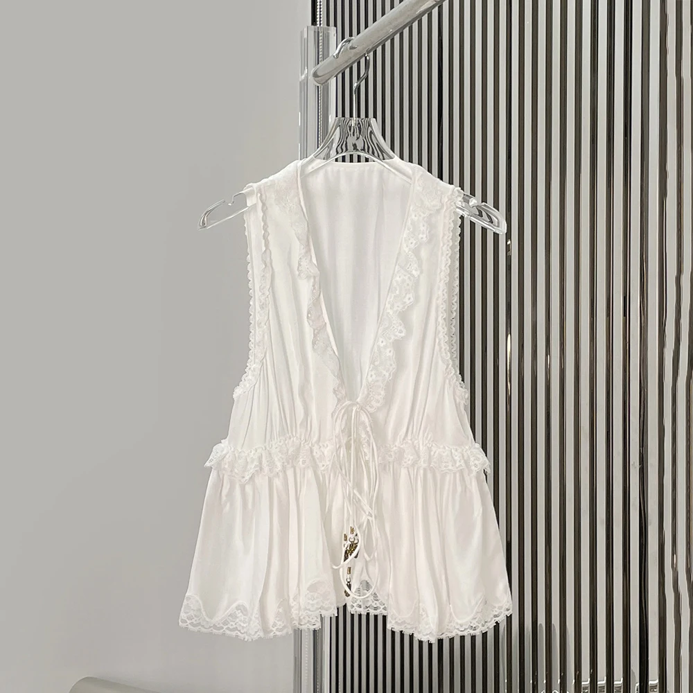 Elegant White Lace Sleeveless Vest Blouse Tie Front Peplum Hem Tank Top for Women 2026 Summer New Casual Y2k