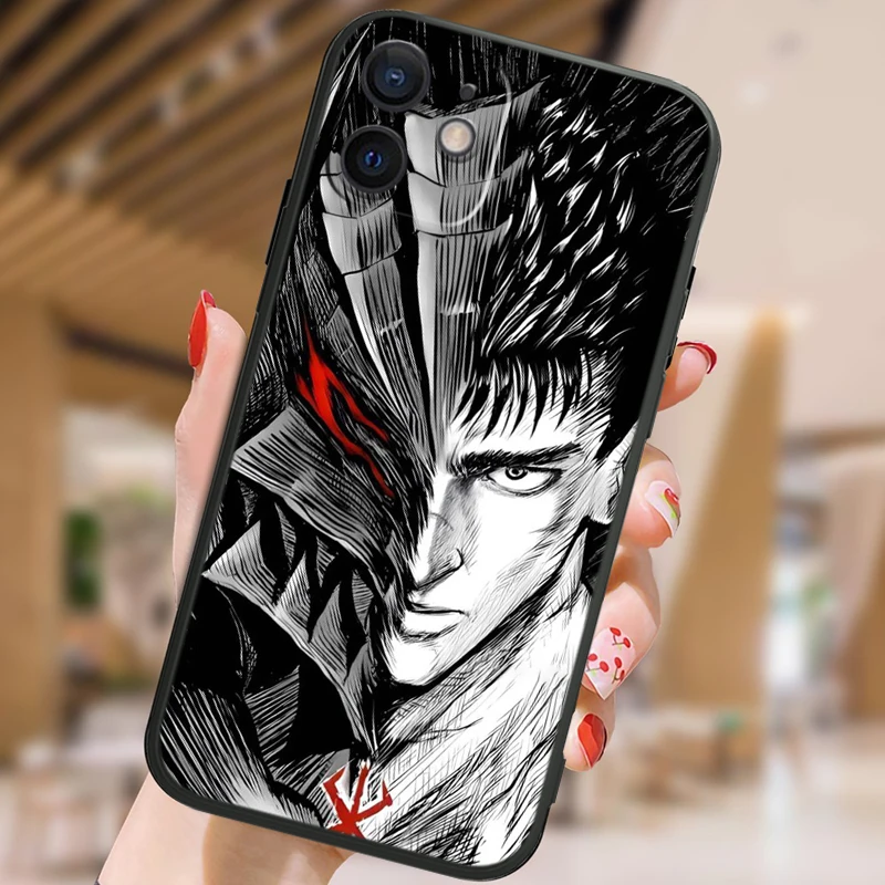 Berserk Anime per Apple iPhone 15 14 13 12 11 XS XR X 8 7 6 6S Pro Max Plus Mini Cover morbida nera per telefono