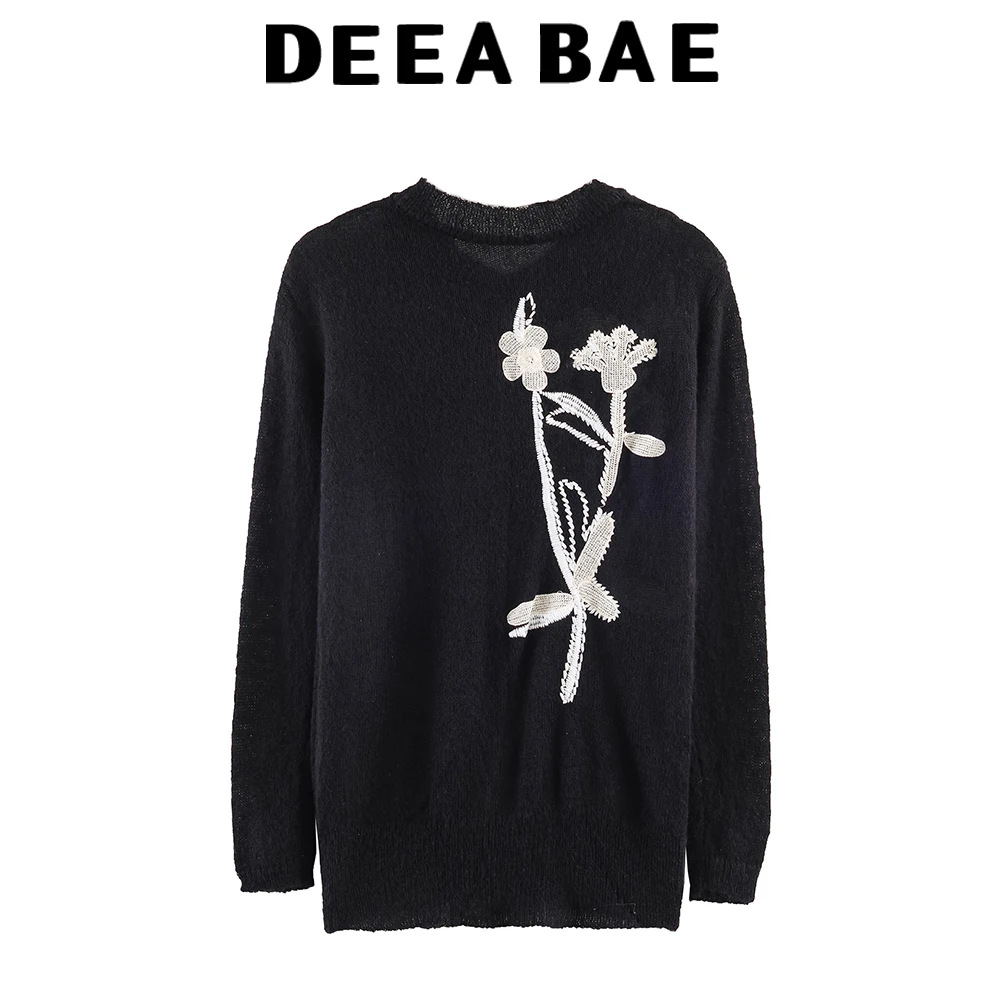 DEEABAE Flower embroidery round neck long sleeved contrasting short knitted jacket for spring women's cardigan