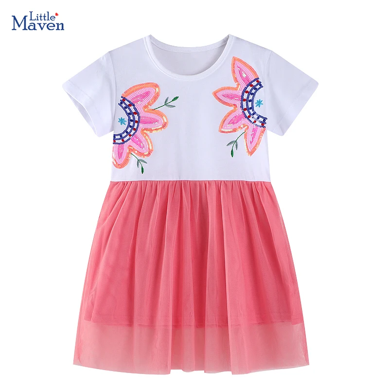 Little Maven Sommerkleidung aus Baumwolle für Kleinkinder, Pailletten, Cartoon-Blumen, kurze Ärmel, Kleider, Kinderkleidung, Vestidos
