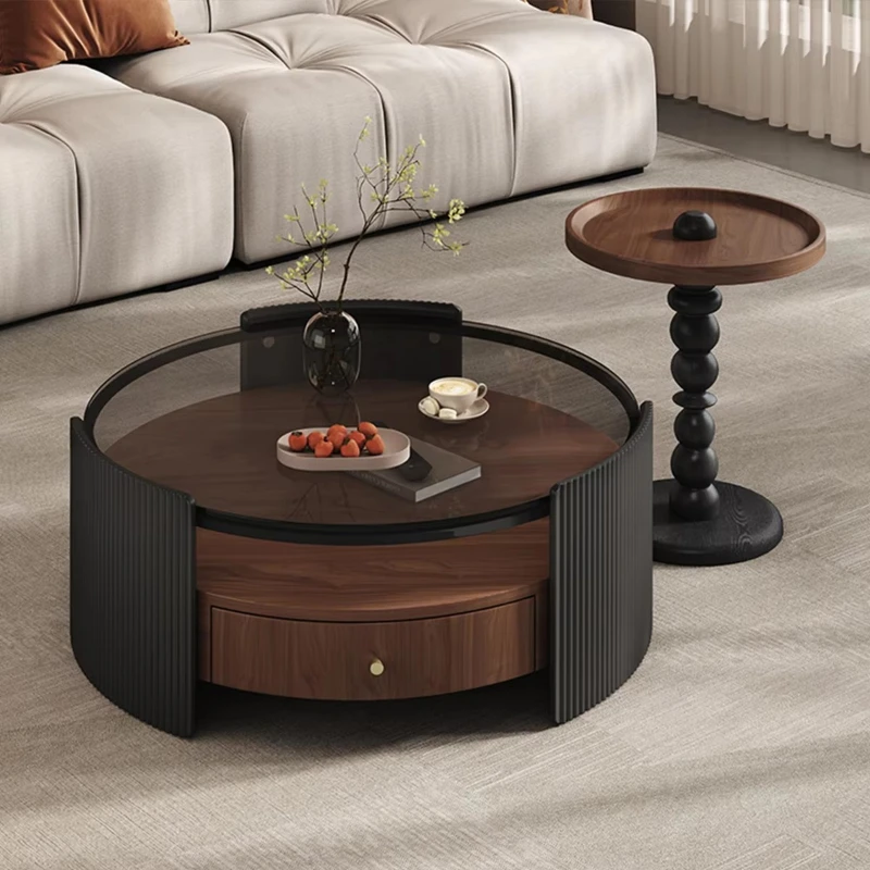 Vintage style coffee table with glass top elegant wooden round coffee table set