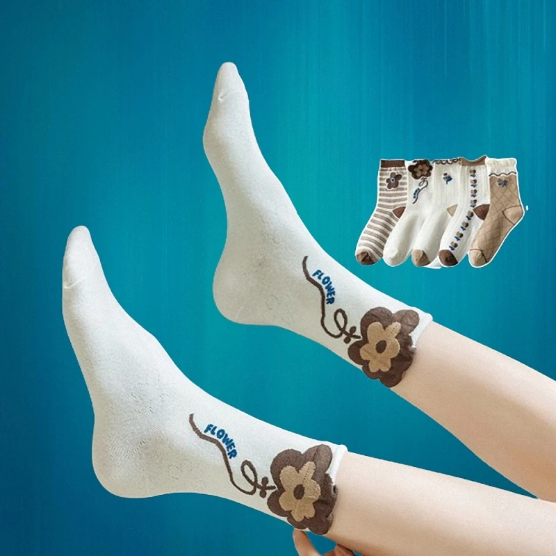 Calcetines de algodón con estampado de flores tridimensionales, medias cómodas de tubo medio con dibujos animados, versátiles e informales, 5/10 pares