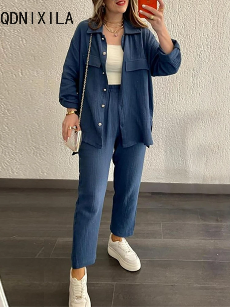 2 Piece Sets Womens Outfits Loose Fitting Long Sleeved Shirt Wide Leg Pant Sets Spring New Oversize Cardigan Casual Women Suits