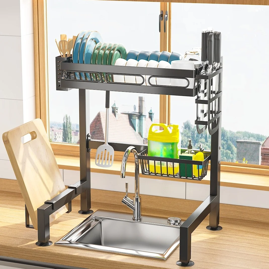 

Сушилка для посуды над раковиной, 2-уровневая, из углеродистой стали, органайзер для кухонной раковины с держателем для столовых приборов и подставкой для разделочных досок, ширина 55 см