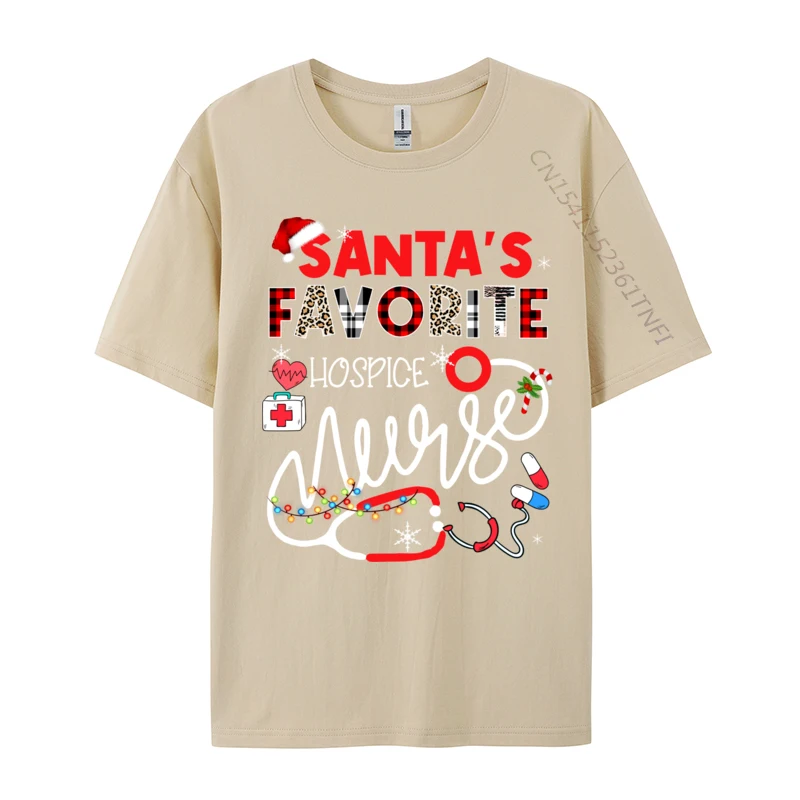 Santa Is Favorite Hospice Nurse Xmas Lights Leopard Plaid T Shirts Awesome 100% Cotton Tees Crewneck T-Shirts High Quality Tops