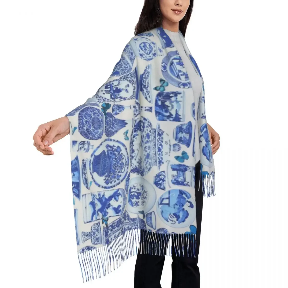 Bufanda con patrón de jarrones de porcelana azul Delft impresa personalizada, bufandas cálidas de invierno y otoño, Toile Oriental antiguo, chales, envolturas