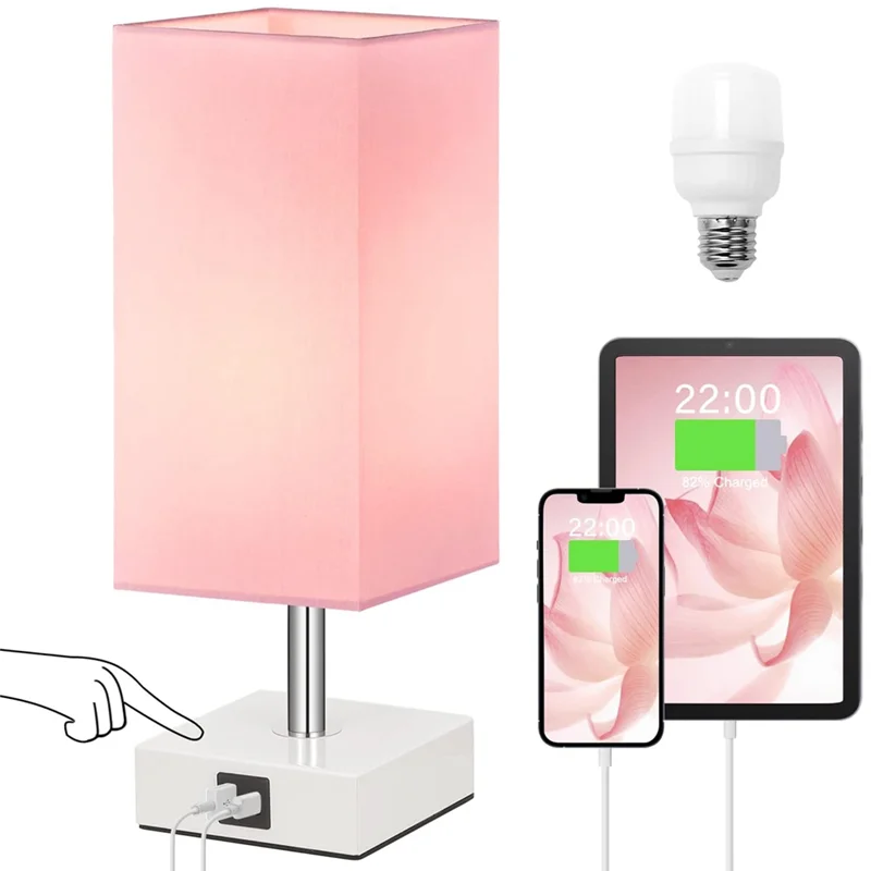 

ABZC-Touch Control Table Lamp With 2 USB Charging Ports- Nightstand Lamp For Bedrooms And Living Rooms- Pink Shade With White Ba