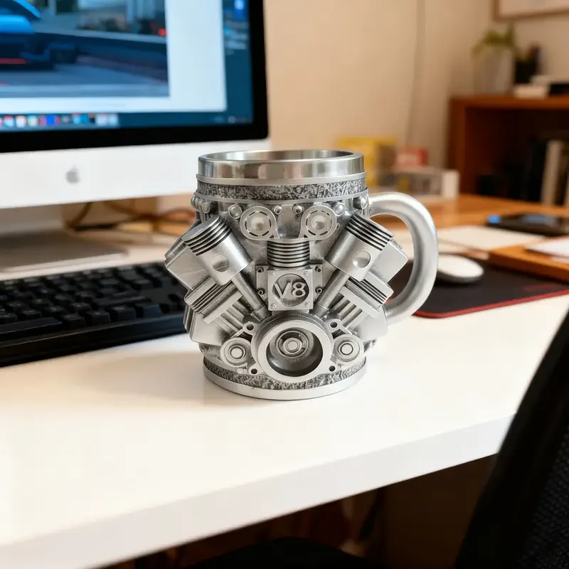 1 Stück V8-Motor-Design, Edelstahlbecher, Tassen, Kaffeetassen, Dekorationen, ideale Geschenke für Autoliebhaber