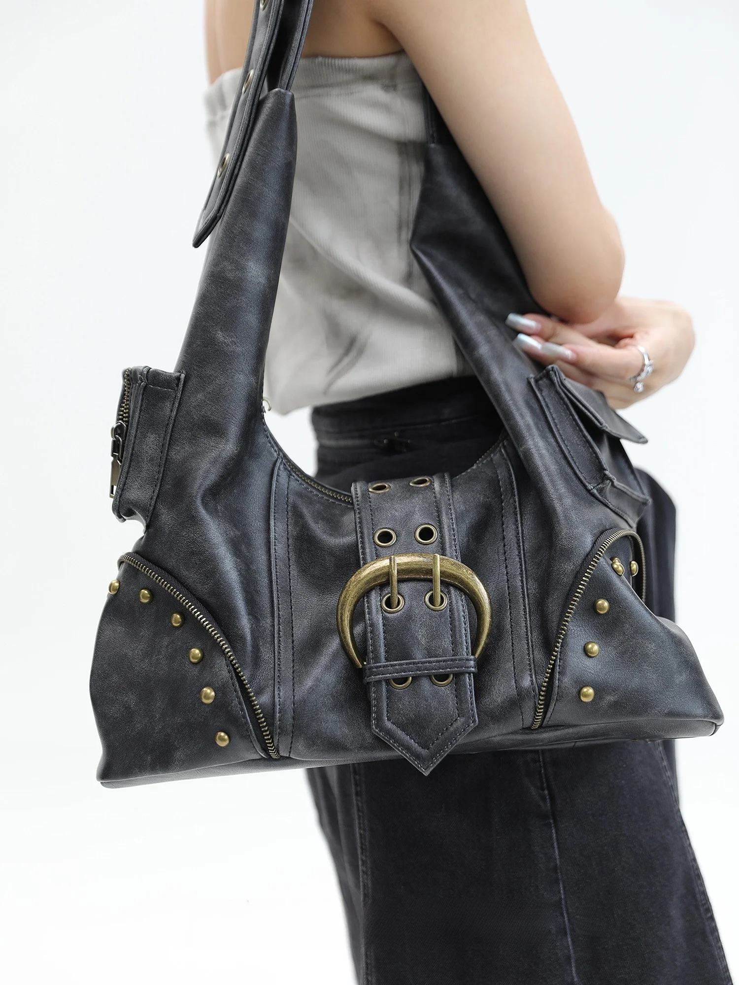 Retro Biker Bag Western Rock Desert Wasteland Style Distressed Leather Rivet Crossbody Bag for Women by JANDRESS