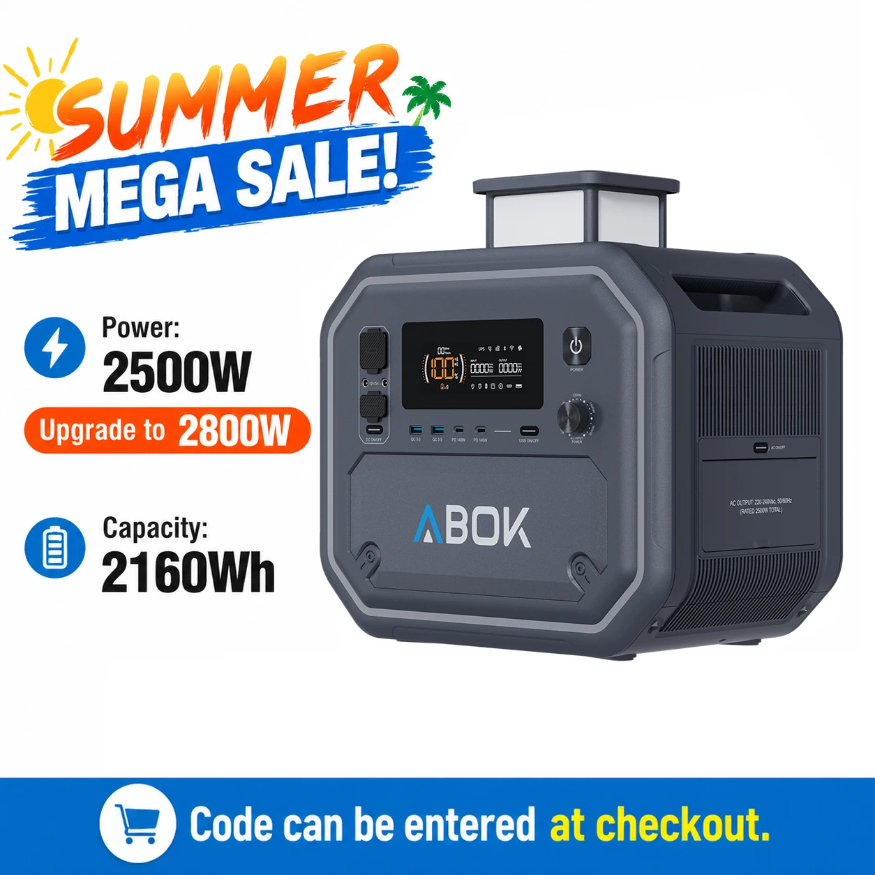 Stacja zasilania ABOK Ark2500 2800W AC, generator solarny, bateria 2160Wh LiFePO4 do zasilania domowego, użytku awaryjnego, na kemping i na zewnątrz.