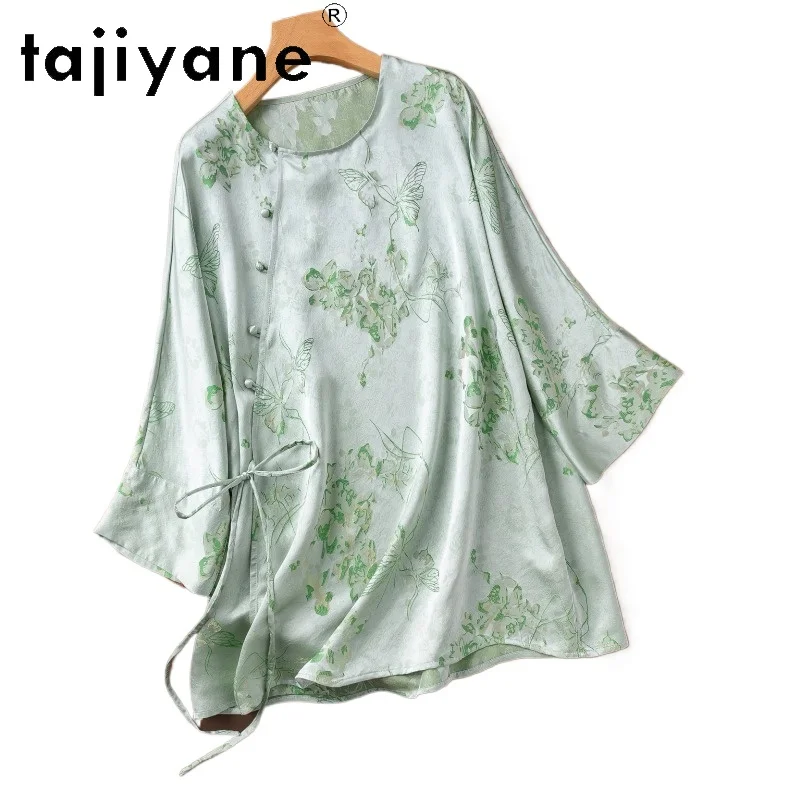 

TAJIYANE 100% Mulberry Silk Blouses for Woman Green Jacquard Satin Shirt New Chinese Style Spring Tops 2026 Women Clothes одежда