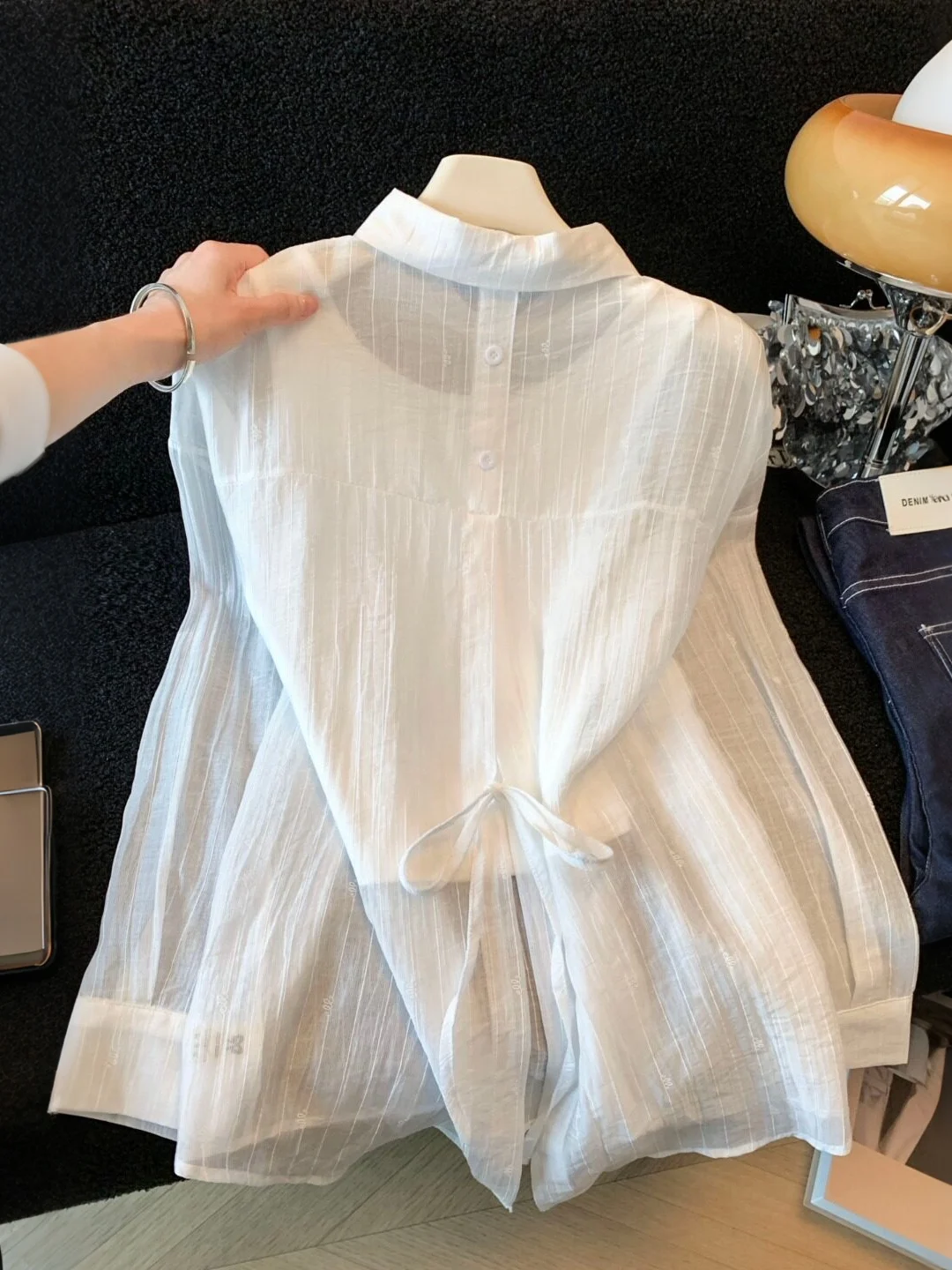 Korean Style Chic Back Bow Tie Slit Shirt Women's Summer New Thin Outerwear Sun Protection Casual Versatile Long Sleeve Top