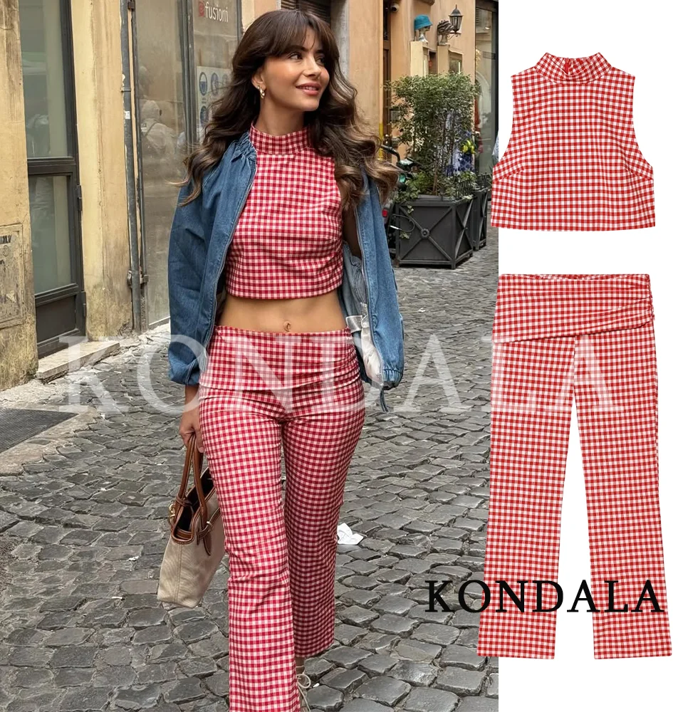 KONDALA Damen Freizeit-Set mit Karierter Caprihose, Sommerliches Trendiges Kurzes Oberteil, Schmale Hose 2026 High-Street-Mode Damen-Hosenset