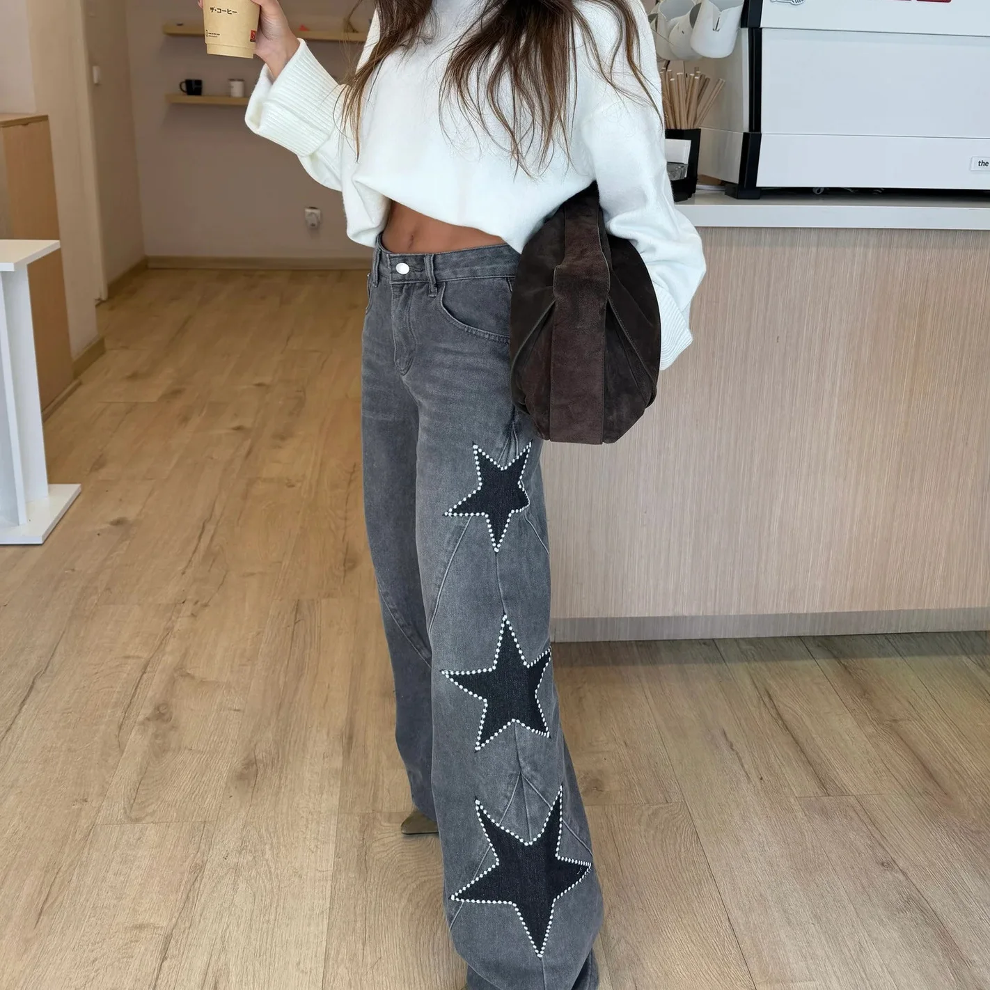 26 Year Old European and American Women's New Fashionable and Casual Five Pointed Star Loose Straight Denim Pants Casual Style