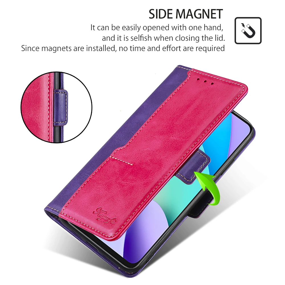 Multi-color Leather Flip Phone Case with Clashing Color Side Buckle Case. Suitable for Redmi 9C-10A/9A/12C/Note 8 Pro/Note 9T