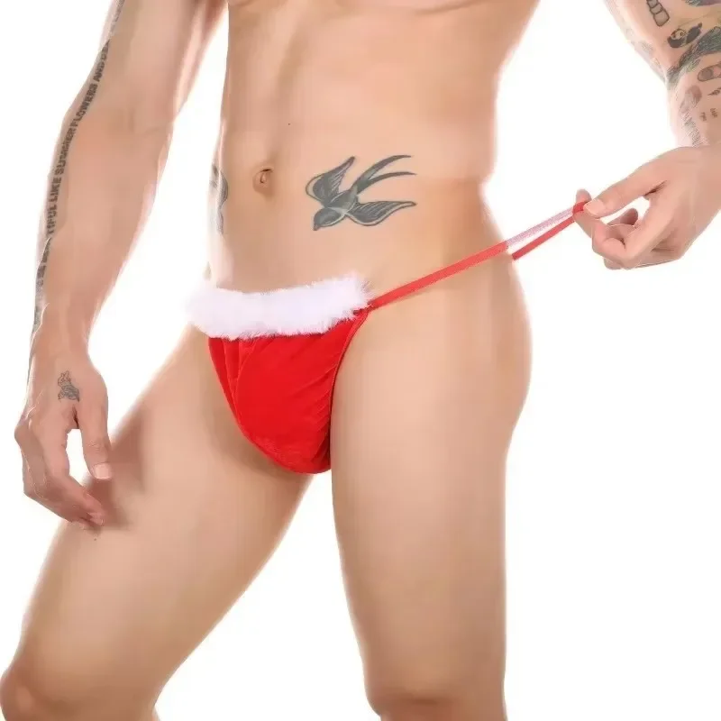 Men Christmas Costume Thong G String Sexy Erotic Underwear Santa Claus Fluff Underpants Panties