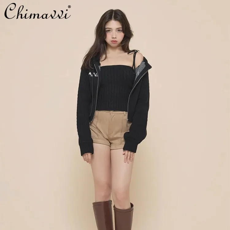 Japoński styl, żakardowy kardigan z zamkiem błyskawicznym, dzianinowy, z długim rękawem, z kapturem, krótki kardigan, top na ramiączkach, zestaw 2-częściowy, jesienna odzież damska.