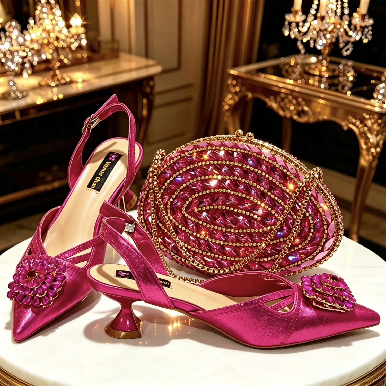 FUCHSI Multicolor Rhinestone Circle Slingback Heels RhinestoneRing Handle Evening Clutch Women Wedding Matching Shoe and bag Set