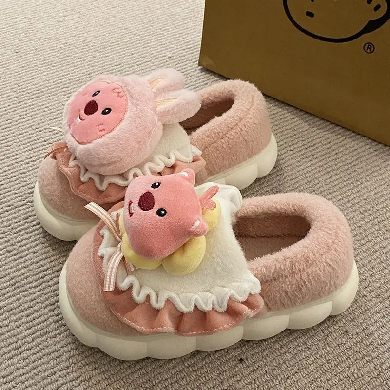 Women Slippers Cartoon Cute Cotton Slippers Thick Bottom Mute Home Warm Skin-friendly Plush Winter Fur Slippers Female Winter